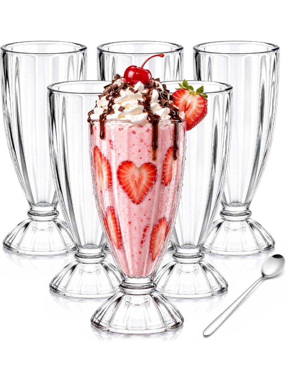 Classic Milkshake Glasses Set of 6 | 12oz Sundae Cups with Spoons - Retro Style